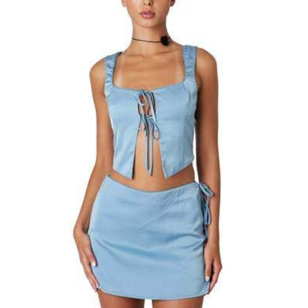 Satin, Tie Wrap Crop Corset in Powder Blue by NIA